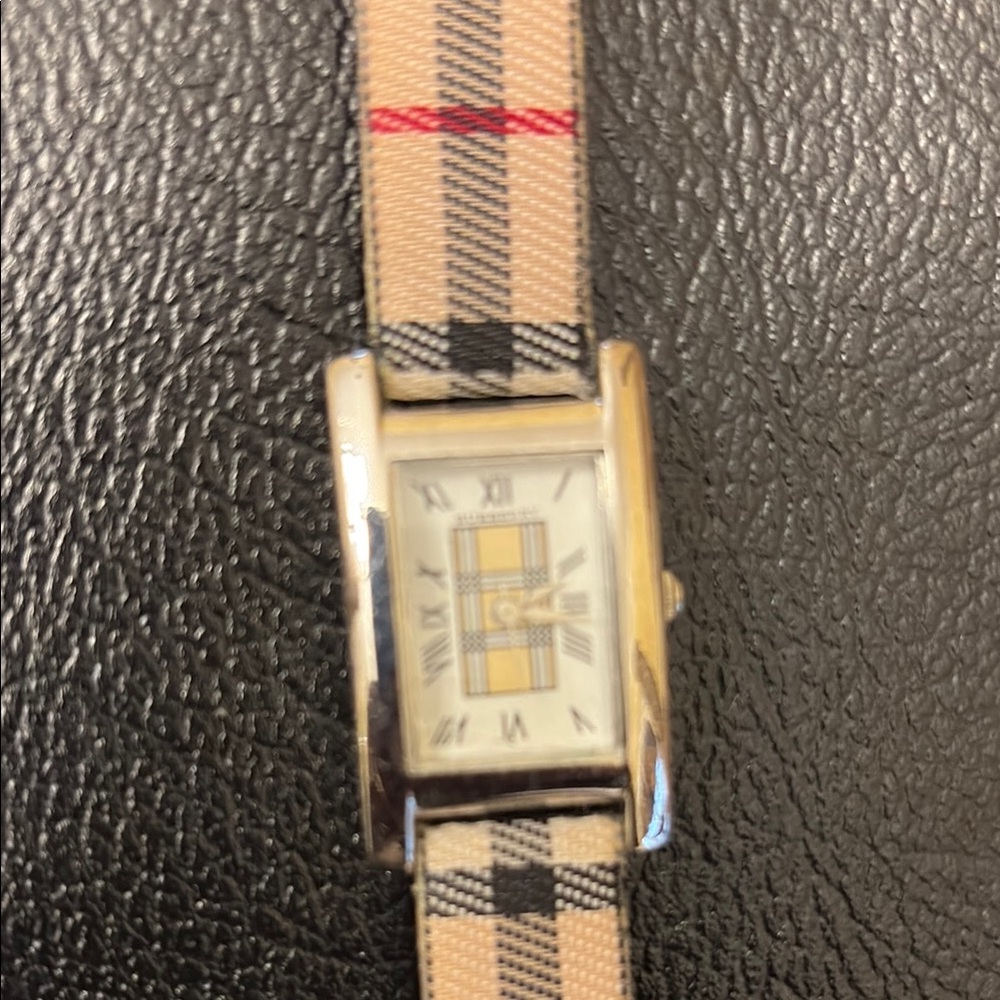 Burberry Beige and Black Plaid Watch with Silver Frame